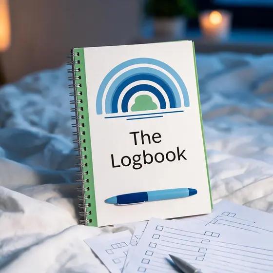 The Cycle Logbook, a printable three-cycle tracker, on a bed beside a pen.