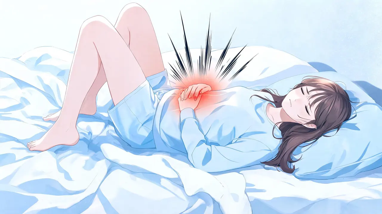 A woman lying on her back in bed with knees raised and both hands pressed to her lower abdomen during a cramp